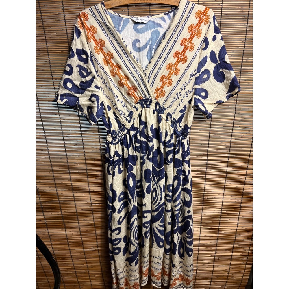 CUPSHE Navy Blue Cream Ikat Damask Maxi Dress V-Neck Smocked Waist Pockets L